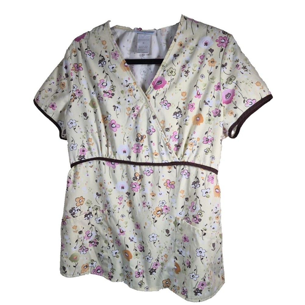 SSB Scrubs Women’s Medium Floral V-Neck Scrub Top Yellow Brown Short Sleeve